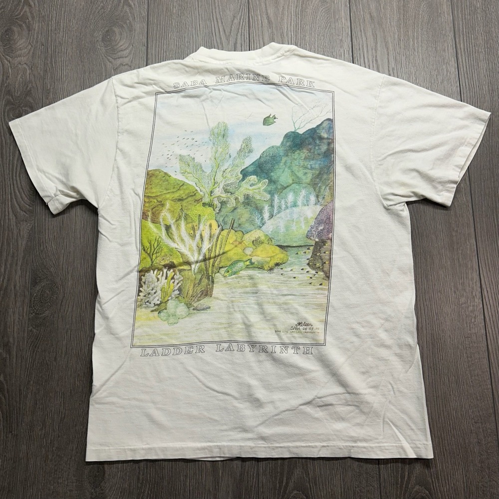 Vintage Saba Marine Park Ladder Labyrinth Large T-Shirt White Hanes Beefy-T